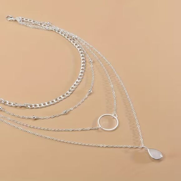 Multi Layer Silver Pendant Chain Necklace Teardrop Crystal Charm Collar Choker - Picture 2 of 5